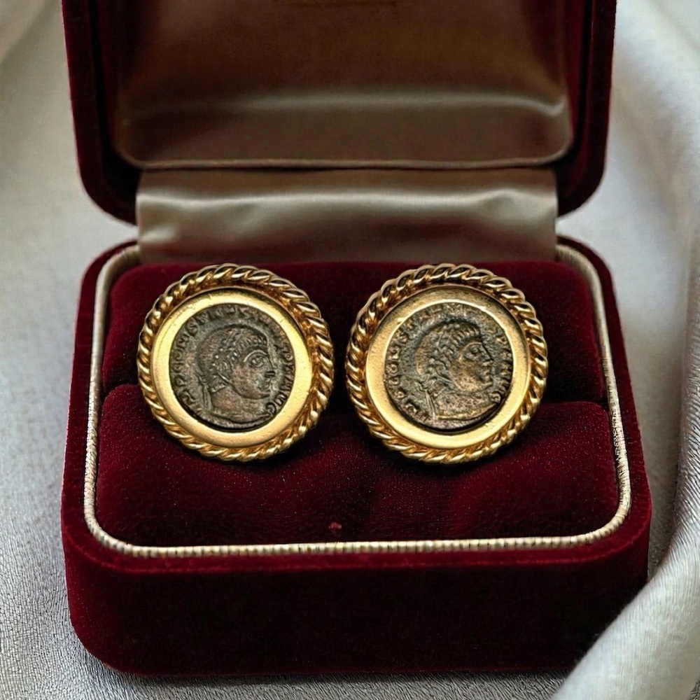 Vintage CINER Roman Revival Coin Clip-On Earrings – Gold Tone, Signed, 1”